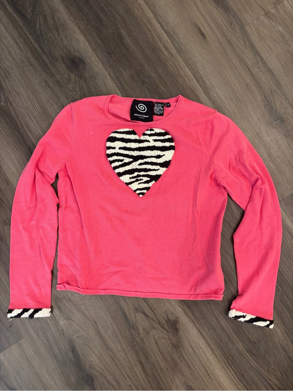 Michael Simon Hot Pink Long Sleeve Top with Zebra Heart Applique